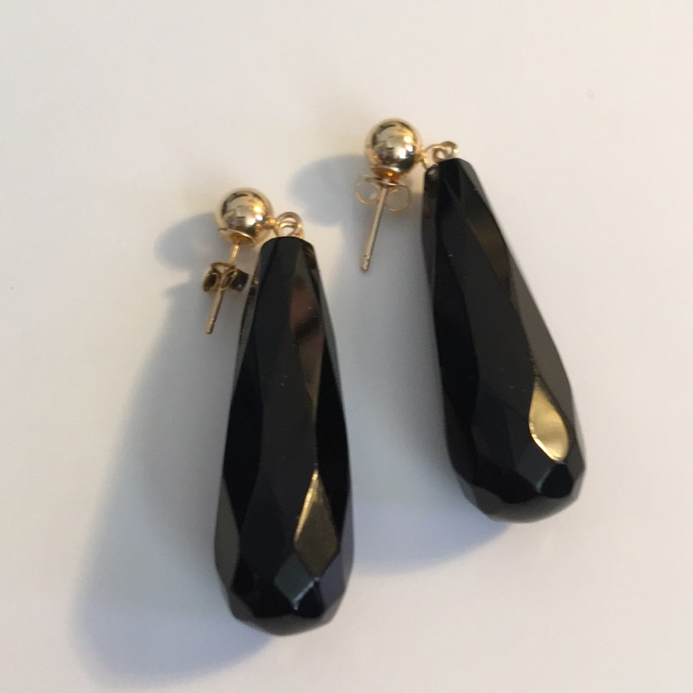 Earrings Black Onyx 14kt Gold Dangle Barrel - Picture 1 of 5